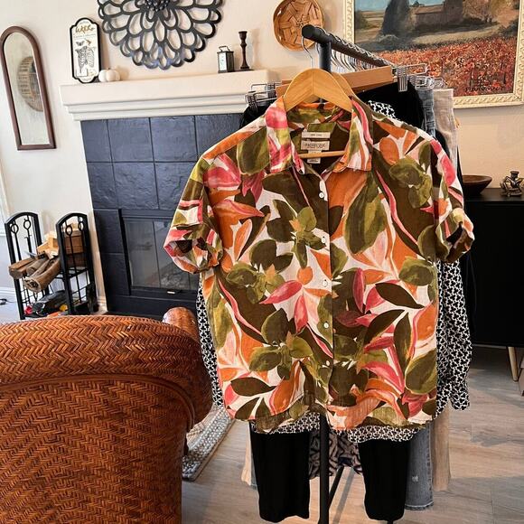 Rachel Zoe Top Womens Size Medium Colorful Floral Foliage 100% Linen Button Down - Picture 16 of 16